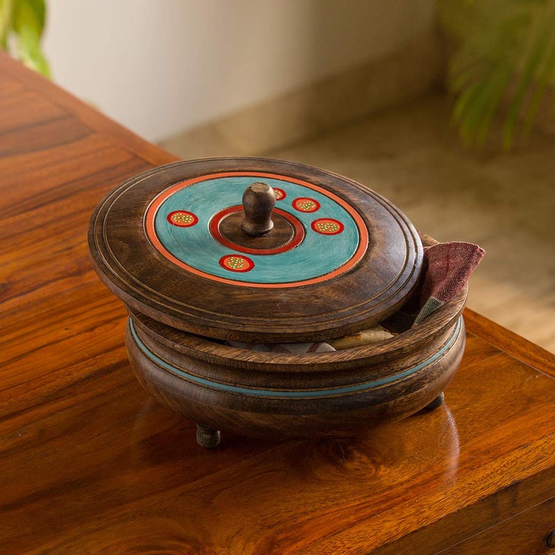 ExclusiveLane Handpainted Mango Wooden Chapati Box Indian For Storing Roti Box Container Casserole For Roti With Lid Tortilla Warmer Holder - Image 1